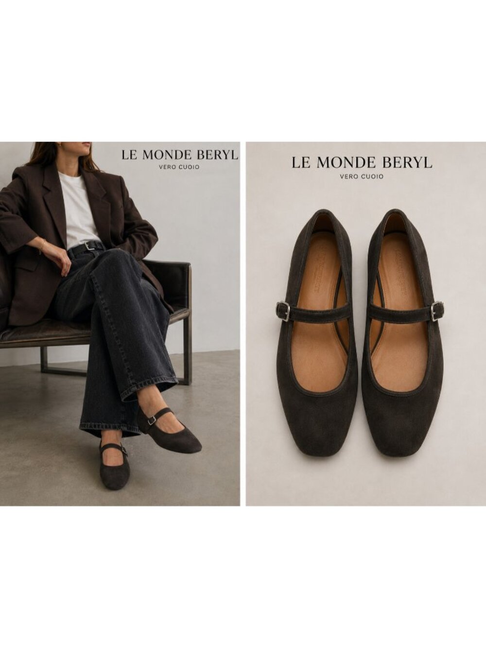 Le Monde Béryl Ballet Mary Jane Brown Suede Flats EU 41 Made in Italy